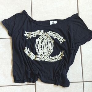 UNIF Black Crop Top with Cream Bone Graphic